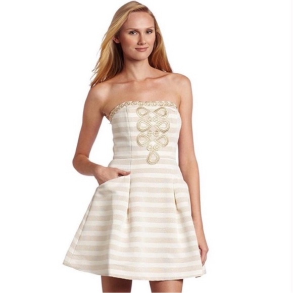 Lilly Pulitzer Blossom Cream Gold Striped Embroidered Strapless Silk Dress - Picture 2 of 10